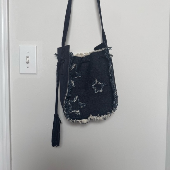 Denim & genuine leather Stylish Fringe Shoulder Bag y2k stars coastal cowgirl - Picture 3 of 7